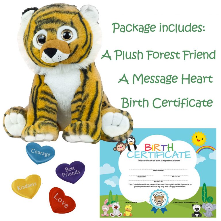 plush tiger, heart, and birth certificate