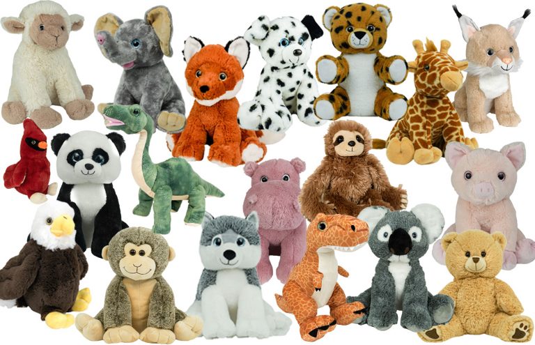 stuffed animal collage including lamb, elephant, fox, dalmatian, tiger, giraffe, lynx, cardinal, panda, bronto, pig, sloth, eagle, monkey, wolf, t-rex, koala, bear