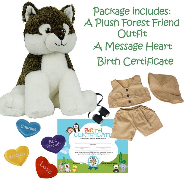Plush wolf toy, fabric heart, birth certificate, safari outfit